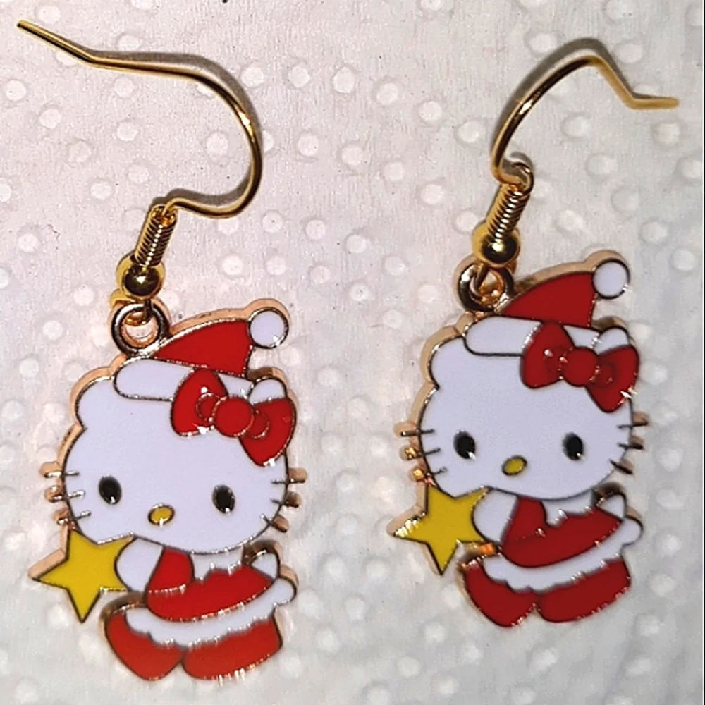 Hello Kitty Gold Star Earrings.Red Whte Gold Enamel stainless Ear wires NEW